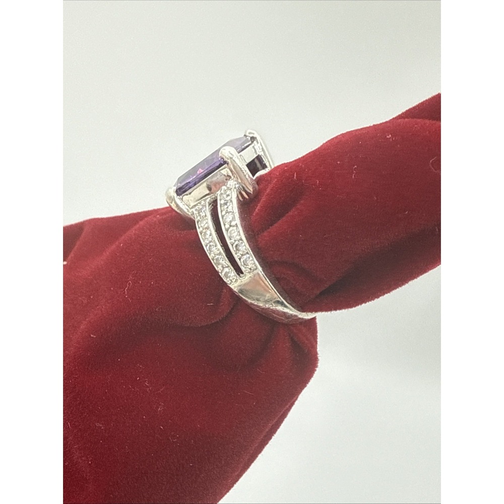 Estate 925 Sterling Silver Amethyst Ring Sz 8 Split Shank Setting Diamond Accent - Picture 4 of 11
